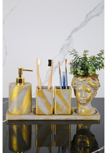 Betonmall 8 Parça Beton Banyo Seti Helen Yapay Çiçekli Saksı Katı Sıvı Sabunluk Diş Fırçalık Tütsülük Mumluk Beton Gri Eskitme Beton Gri