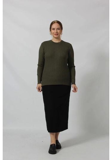 Taş İşleme Detaylı Çizgi Örgü Desenli Kazak Haki Çok Renkli