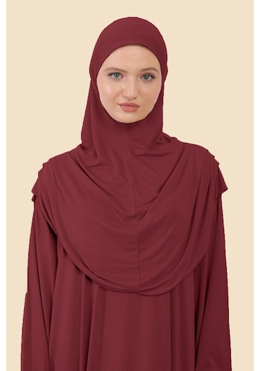 Tek Parça Tesettür Namaz Elbisesi Tak Çıkar Başörtülü Organik Pamuklu Lastikli Kolu Kaymaz Penye Bordo