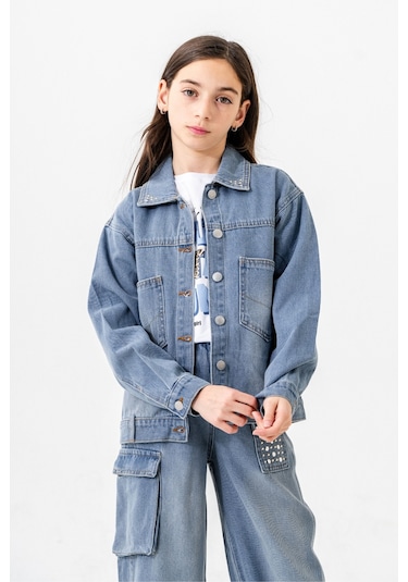 Kız Çocuk Yaka Taşlı Kot Ceket 1548 Açık Mavi