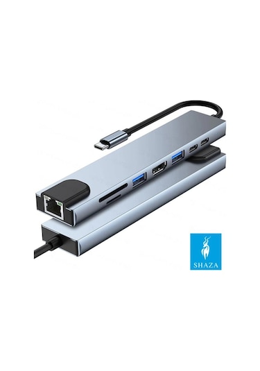 Shaza 8in1 USB Type-C Hub Port Adaptör HDMI USB Ethernet PD Girişli