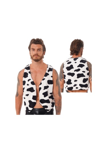 Kolsuz Yelek Siyah Ve Beyaz İnek Baskılı Flanel Yelek Erkekler İçin Tops Cosplay Kostüm Siyah