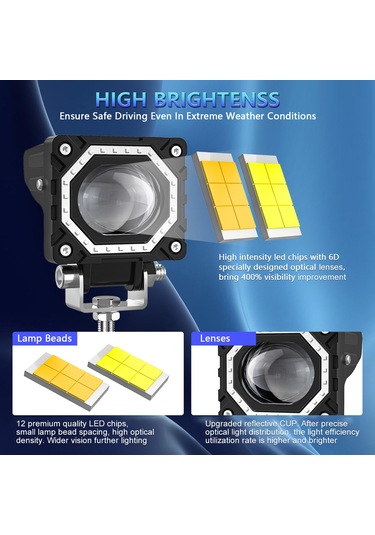 Youtek S14 Motosiklet Led Feneri Mavi Melek Gözü 1 Çift - 4 Mod: Beyaz, Sarı, Sarı+beyaz, Drl Buz Mavisi 120w 12000lm Ip68