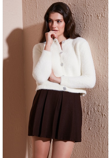 Lela Fitted Fit Bisiklet Yaka Yumuşak Dokulu Crop Bayan Hırka 4615559 Ekru