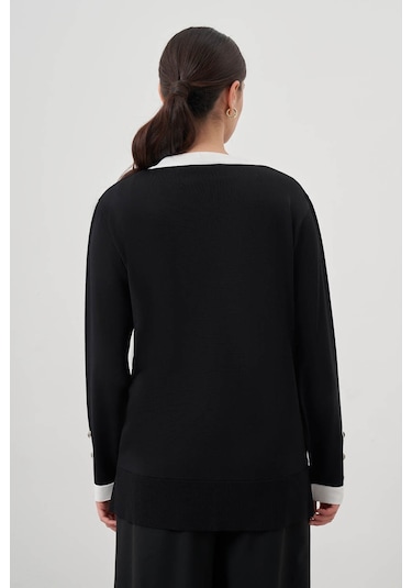 Mizalle Şeritli Rayon Siyah Hırka Siyah