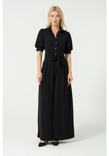 Balon Kol Bağcık Detaylı Tulum Siyah