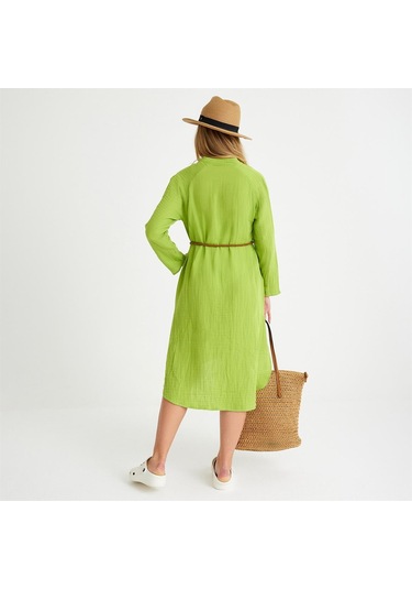 %100 Pamuklu Dokuma Müslin Hakim Yaka Kemer Detaylı Plaj Gömlek Elbise - Medium Yeşil