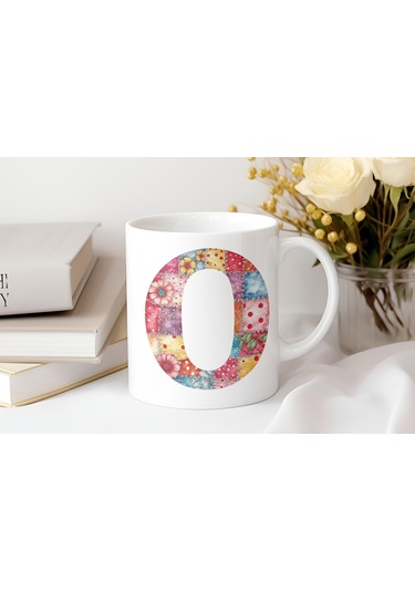 O Harfli Retro Çiçekli Kupa Bardak - Patchwork Tarz Yamalı Desenli İsme Özel Kupa - Hediye 07 Beyaz