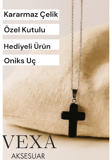 İthal Çelik Oniks Taşlı Haç Kolye - Kararmaz İthal Çelik Zincir - Özel Kutulu Hediyeli Siyah