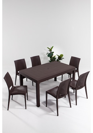 Rattan Large Kahve Masa Takımı Bahçe&balkon 1 Masa + 6 Sandalye Kahverengi