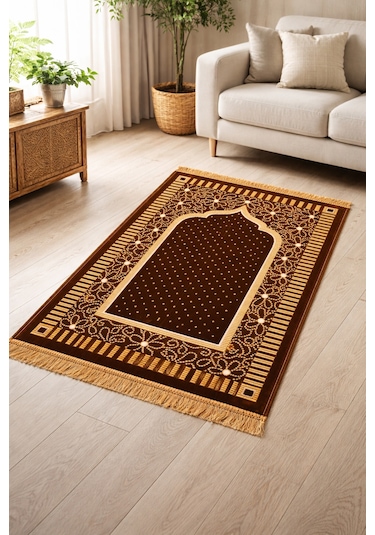 Kadife Seccade 110x70 Cm Yumuşak Dokulu, Dodya İplik İşlemeli Sarı
