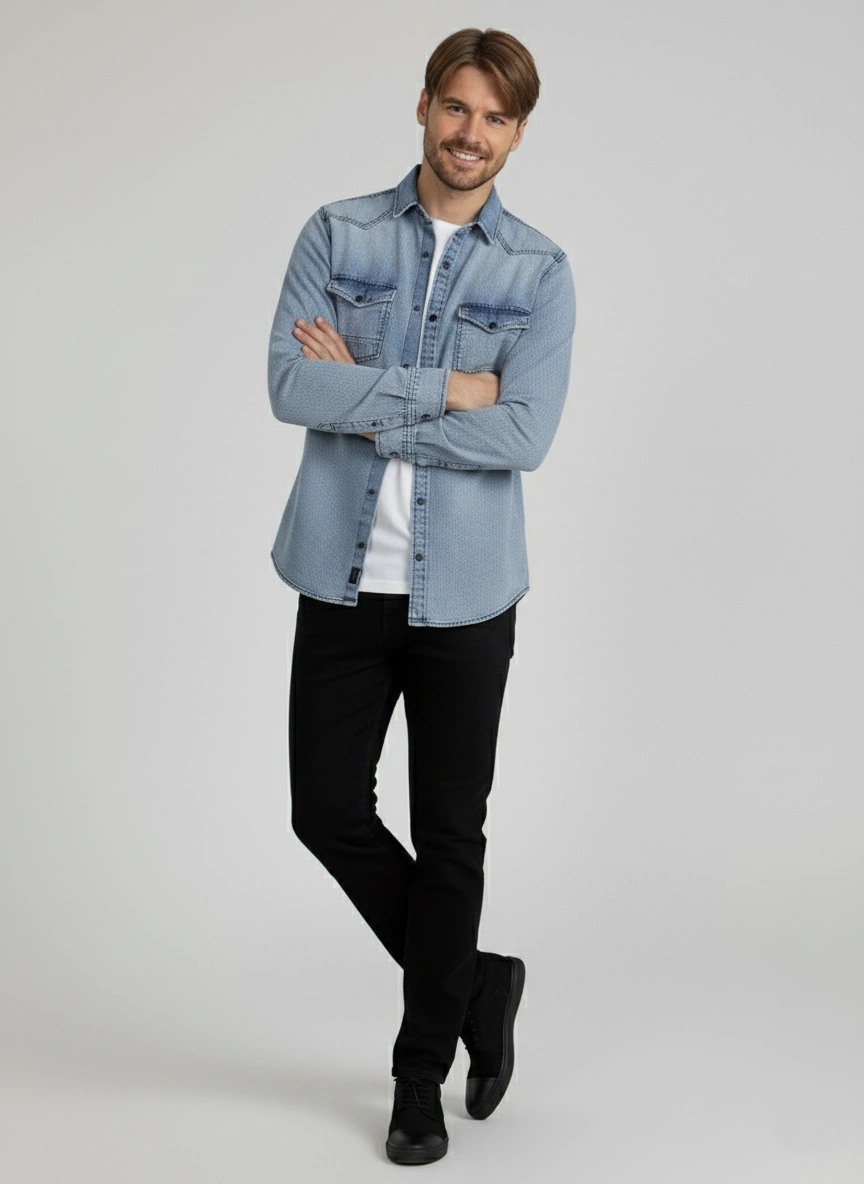 Erkek Gömlek Slim Fit Yıklamalı Kot Gömlek Mavi