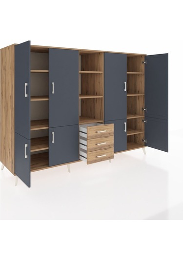 Kronos Dolap 11 Raflı 3 Çekmeceli 8 Kapaklı 220x59x163 Çam-antras Çam-antrasit/çam