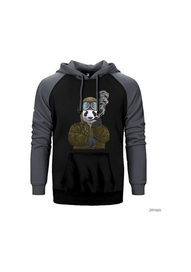 Panda Military Pilot Gri Reglan Kol Kapşonlu Sweatshirt Gri