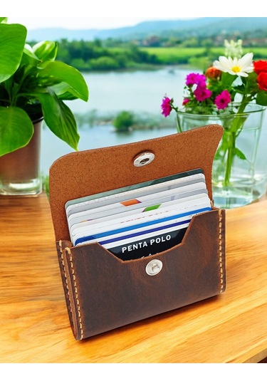 Cronder Hakiki Deri Yan Model Kutu Cüzdan Kartlık Kahverengi