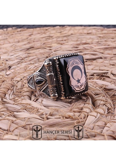 İpek Silver 925 Ayar Gümüş Sıkma Kehribar Taşlı Ay Yıldız Desenli Erkek Yüzük Apy147