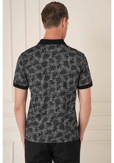 Slim Fit Dal Yaprak Desen Polo Yaka Pamuklu Siyah Tişört Ts 884 Siyah