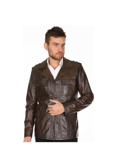 Hakiki Kuzu Derisi Yakalı Düğme Detaylı Deri Ceket Kahverengi Kahverengi