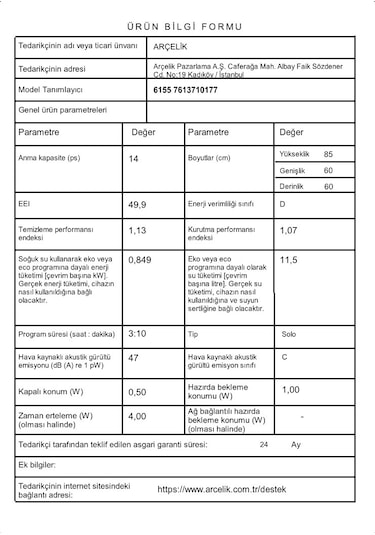 Arçelik 6155 5 Programlı 14 Kişilik Bulaşık Makinesi