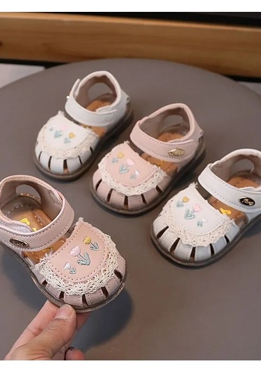 Maoyaya Pu Deri Yumuşak Taban Lale İşlemeli Bebek Yürüme Sandaleti - Bej Renk, 16-20 Beden Bej Bej