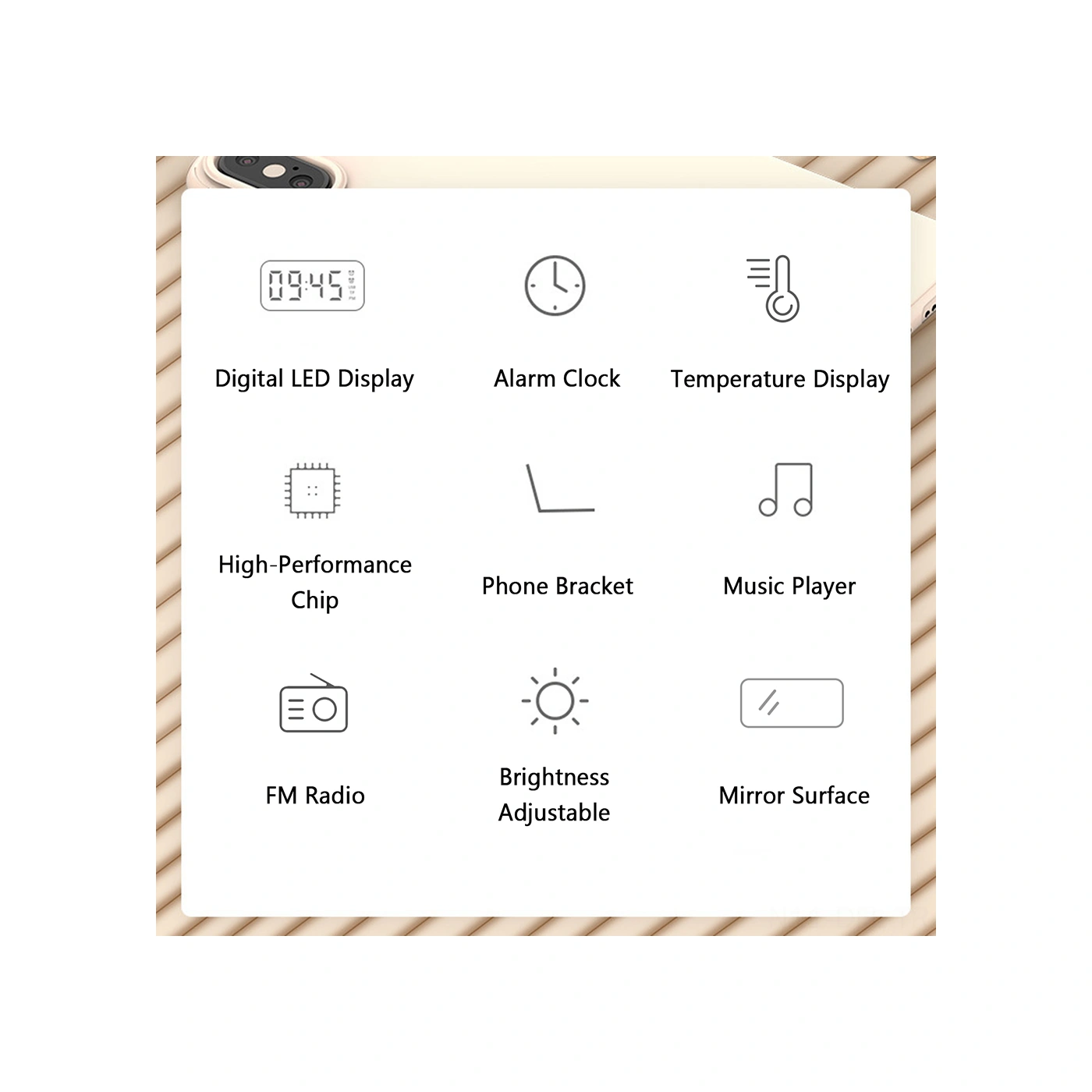 Dofolink Q5 Müzik Çalar Fm Radyo Bluetooth Hoparlör, Saat Ve Telefon Tutucu İle Sıcaklık Göstergeli 5'li İşlevli Led Alarm Saati, Dışarıda Kullanıma Uygun, Pembe Batarya Dahil