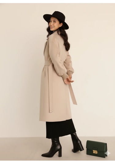 Kadın Siyah Kaşe Uzun Kaban Maksi Boy Palto Geniş Yakalı Düz Kesim Kışlık Bej