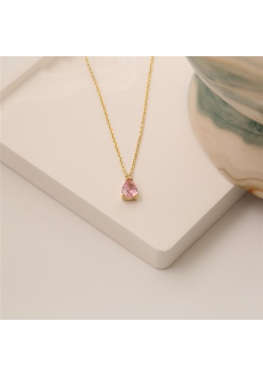 925 Ayar Gümüş Pembe Damla Taşlı Kolye