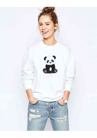 Panda Baskılı Beyaz Kadın Sweatshirt (528296367)