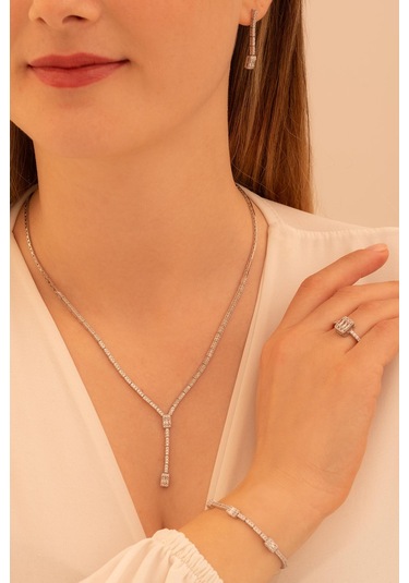 Kadın Gümüş Takı Seti - Süreyya Baget Taşlı Kare Model Kolye, Bileklik, Yüzük, Küpe Tam Set