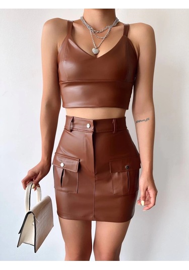 Önden İki Cepli Deri Etek Kahve H240040 Kahve