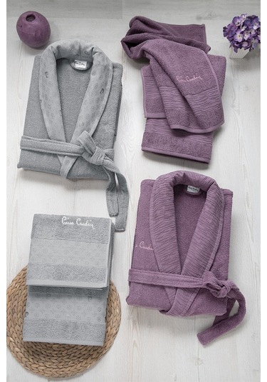 Pierre Cardin AST47 Logo Soft Jakarlı Aile Bornoz Seti Gri - Mürdüm