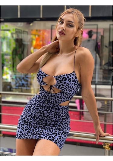 Lila Tül Üzeri Flog Baskılı Leopar Desenli Mini Elbise