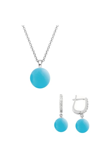 Gümüş Yuvarlak Model Kolye Küpe Turkuaz Taşlı Set 8 Mm