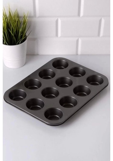 Cupcake Kalıbı Muffin Yanmaz Yapışmaz Kek Kalıbı 12 Bölmeli Fırın Çörek Tepsisi Siyah Kek Kalıbı