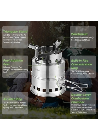 Bloomnest Taşınabilir Alkol & Ahşap Yakıtlı Kamp Ocağı - Kompakt, Hafif, Piknik & Barbekü İçin İki Yakıtlı Gümüş Gümüş