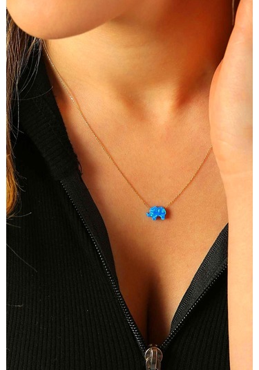 14 Ayar Altın Kolye Mavi Sedef Fil Altın Zincirli Kolye 45 Cm Uzunluk