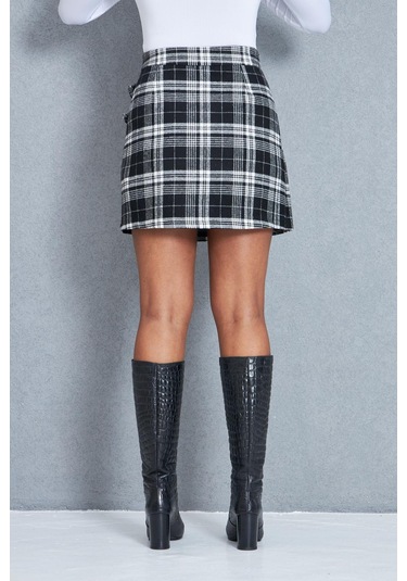 Kadın Siyah Ekoseli Toka Detaylı Mini Etek Dm2029 Siyah
