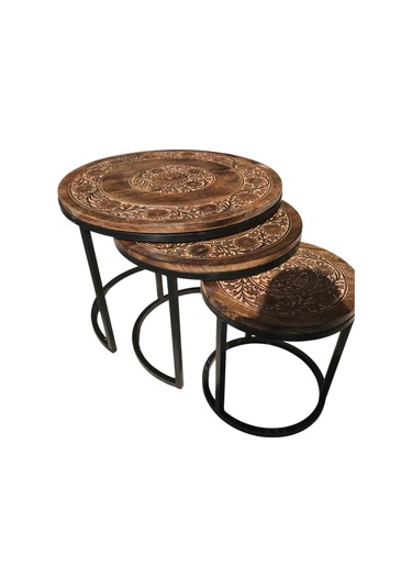 Eskitme Ahşap Ferforje Oymalı Yuvarlak Sehpa 3'lü Set Kna210 68x68x50 Cm.