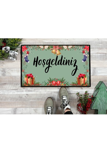 Yeni Yıl Konseptli Hoşgeldiniz Kapı Önü Paspası 60x40 Cm Paspas Çok Renkli