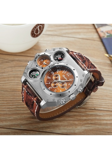 Leezsing Oulm Erkek Kuvars Pu Deri Bantlı Bilek Saati Kişiselleştirilmiş Büyük Boy Kasa Termometre Pusula Çift Kuvars Hareketleri Saatler