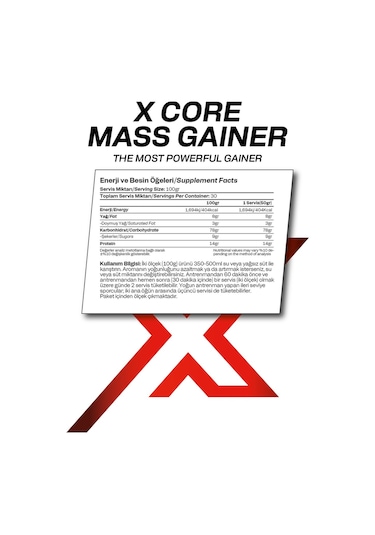 Mass Gainer Çikolata Aromalı 3 Kg 30 Servis X Core Karbonhidrat Tozu + Shaker
