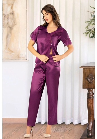 Faal 4111 Kadın Dantel Detaylı Saten Kısa Kollu Pijama Takım-mor Mor