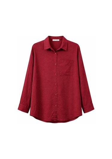 Mixray 4670 Kadın Cepli Oversize Basic Keten Gömlek Bordo
