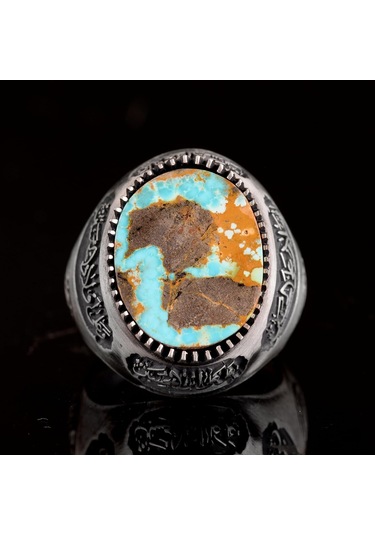 Gerçek Doğal Arizona Turkuaz Taş Yüzük, Erkek Yüzüğü, 925 Ayar Gümüş Yüzük Gümüş