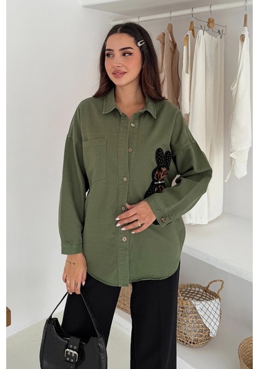 Leopar Ayıcık Armalı Gabardin Kumaş Gömlek Haki Haki