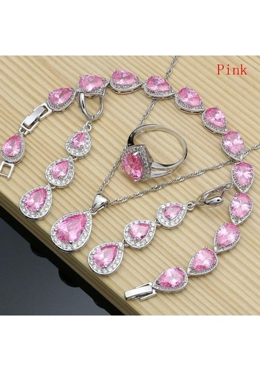 Novahub Pembe Gümüş Renk Takı Mavi Kübik Zirkonya Takı Setleri Kadınlar Için Küpe Kolye Yüzük Bilezik 6 Pembe Altın