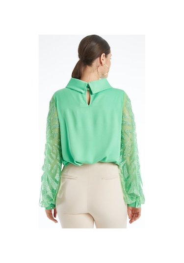 Modern Ve Şık Kadın Bluz - Transparan Taş İşlemeli Uzun Kol - Özel Gün Ve Davetler İçin Bluz Koyu Yeşil