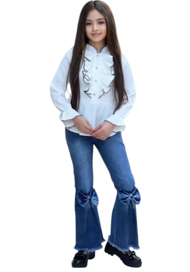 Kız Çocuk Gömleği Fırfır Pantolonu Kurdele Detaylı İkili Takım Beyaz