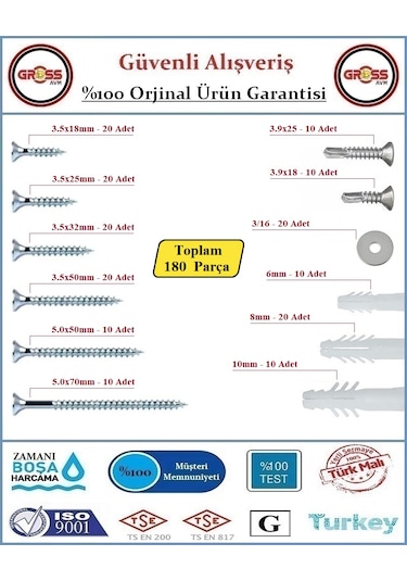 Vida Dübel Seti - Sunta Vidası - Akıllı Vida - Dübel - Pul - 180 Parça -