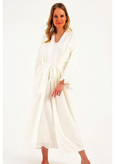 Kadın Ekru Lohusa Pamuklu Tesettür Gecelik Sabahlık Takımı